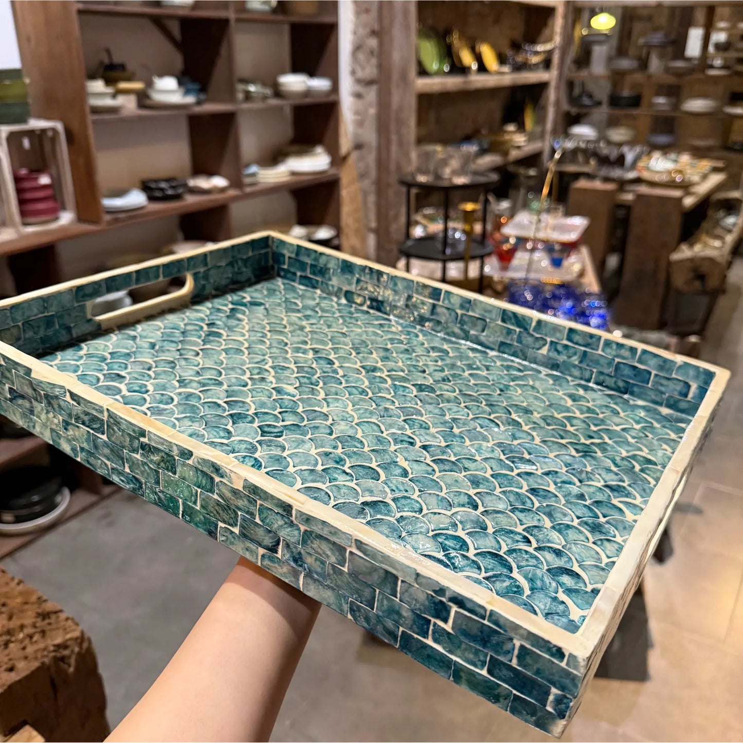 Blue Mother of Pearl Fish Scale Tray, Coastal Rectangle Serving Tray