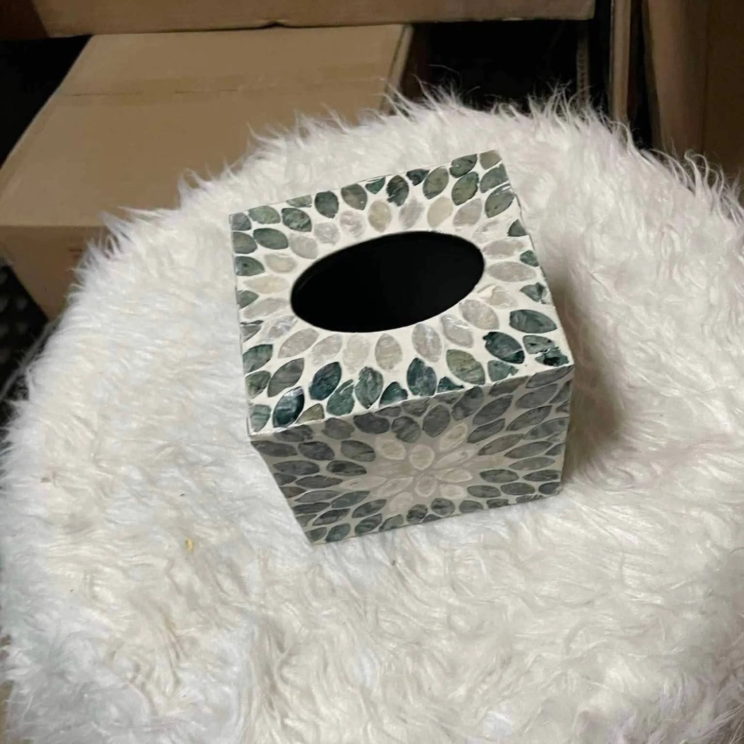 Petal Mosaic Mother of Pearl Tissue Box Cover – Handmade Square Holder