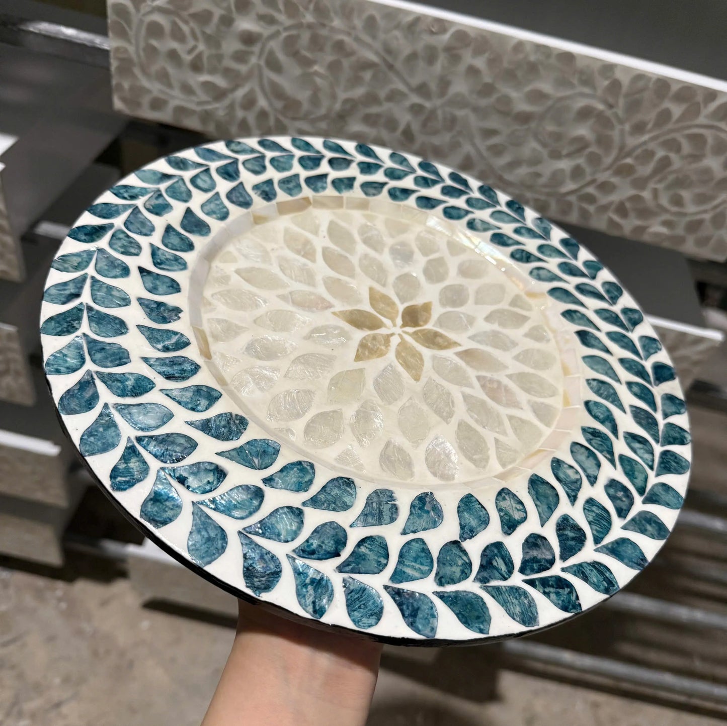 Blue Leaf Mother of Pearl Decorative Plate | Handmade Shell Inlay Wall & Table Décor