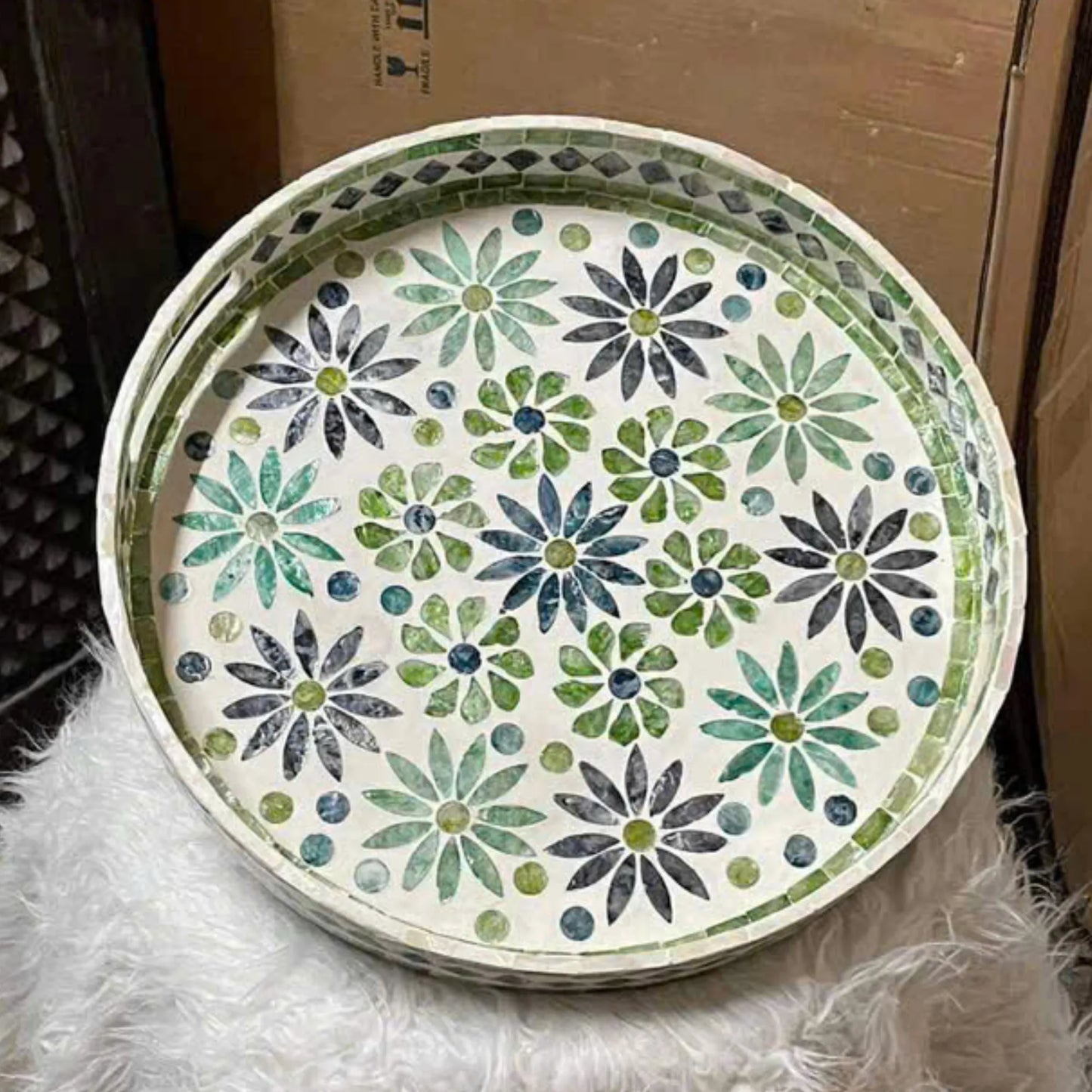 Green Floral Mother of Pearl Round Tray – Handmade Serving Decor