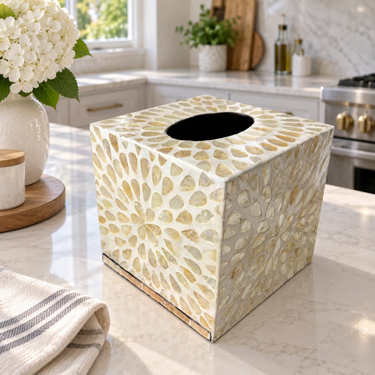 Mother of Pearl Mosaic Tissue Box Cover – Handmade Shell Inlay Square Holder
