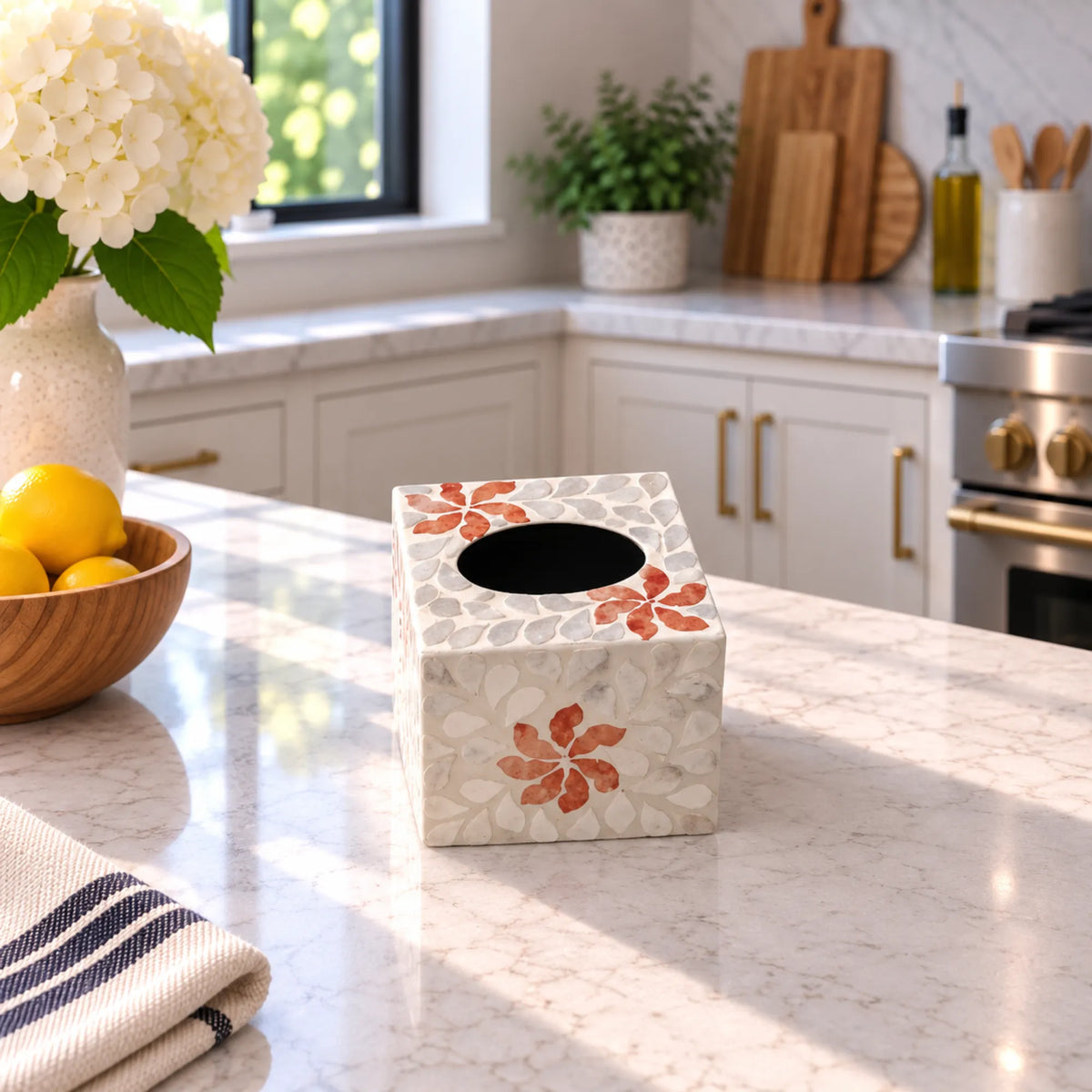 Floral Mother of Pearl Tissue Box Cover – Handmade Shell Inlay Square Holder