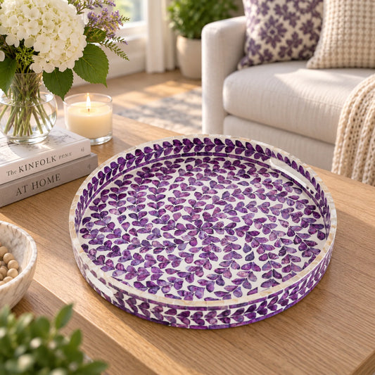 Purple Round Mother of Pearl Tray – Decorative Serving Tray