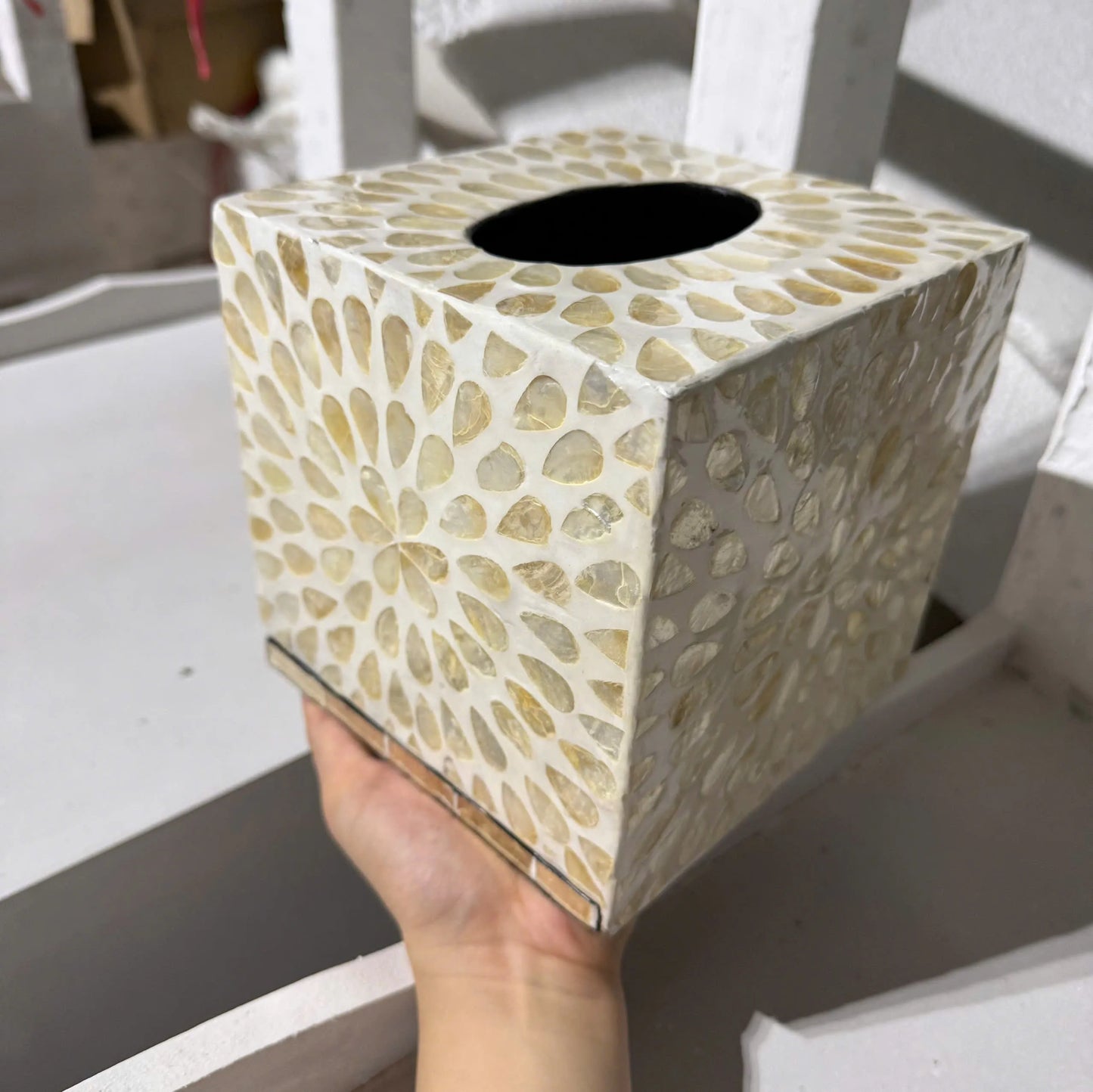 Pearl Mosaic Tissue Box Cover – Handmade Decorative Square Holder
