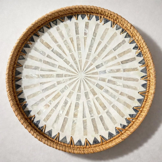 Mother of Pearl Rattan Tray | Handmade Serving Tray Decor