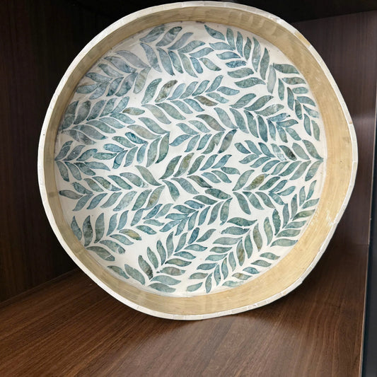 Mother of Pearl Round Tray, Blue Leaf Shell Inlay, Coastal Decor Tray