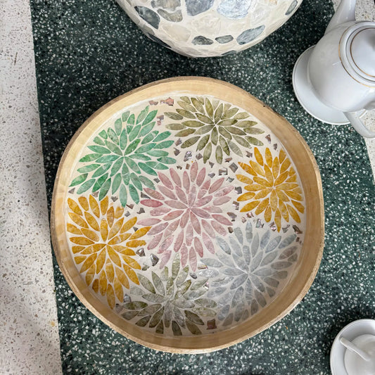 Handmade Mother of Pearl Round Tray – Floral Shell Inlay Decor