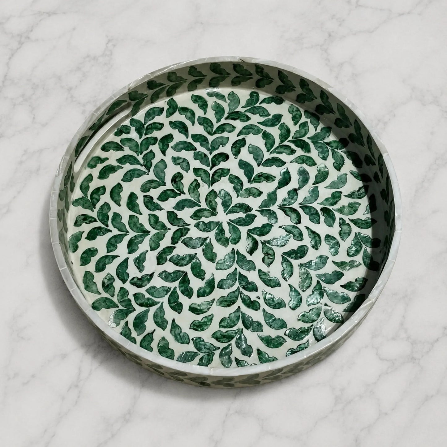 Green Mother of Pearl Round Tray – Handmade Shell Inlay Decorative Serving Tray