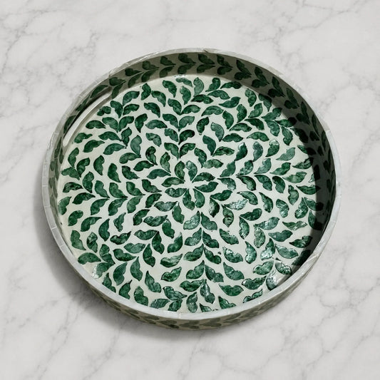 Green Mother of Pearl Round Tray – Handmade Shell Inlay Decorative Serving Tray