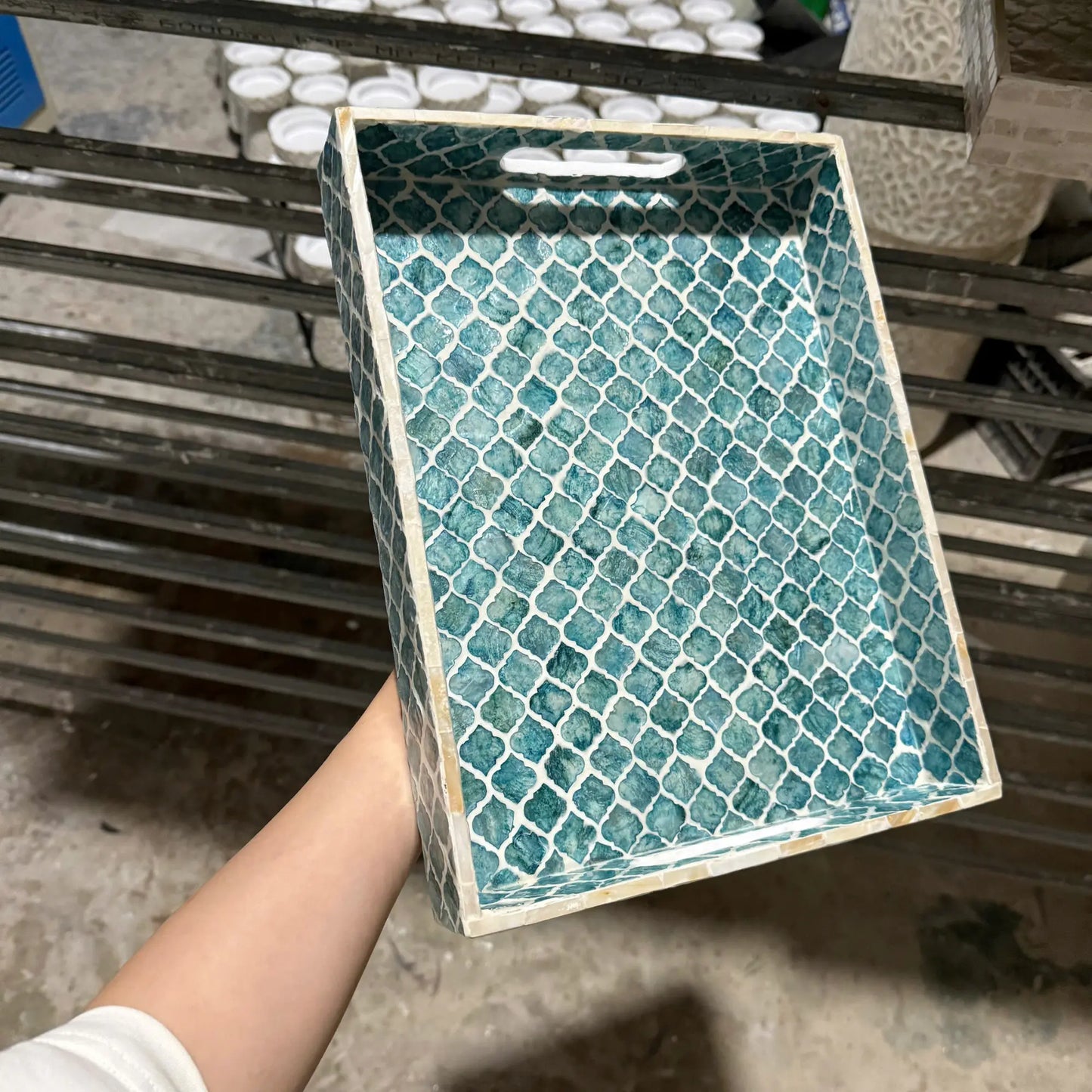 Blue Mother of Pearl Rectangle Tray, Shell Inlay Serving Tray, Coastal Decor