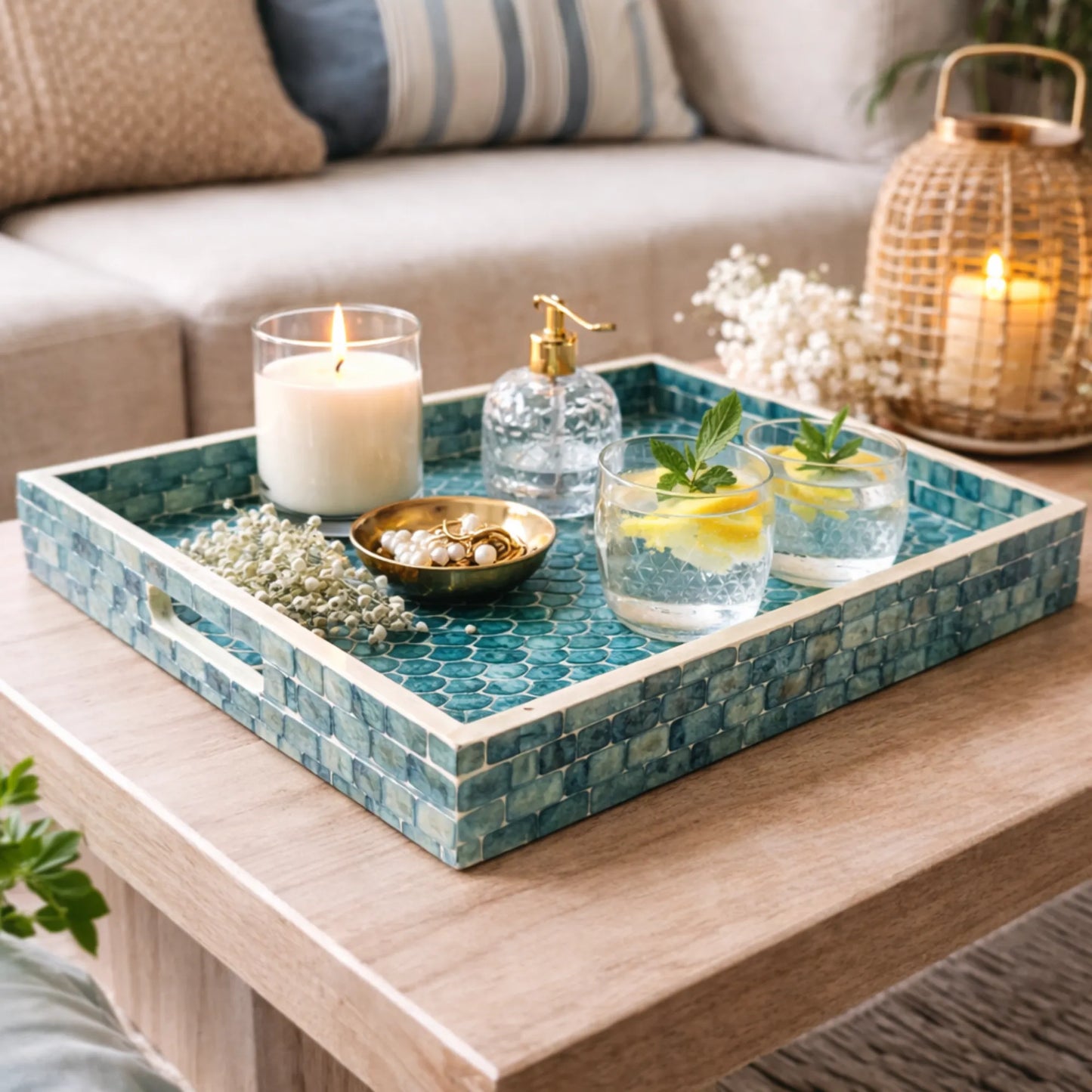 Blue Mother of Pearl Fish Scale Tray, Coastal Rectangle Serving Tray