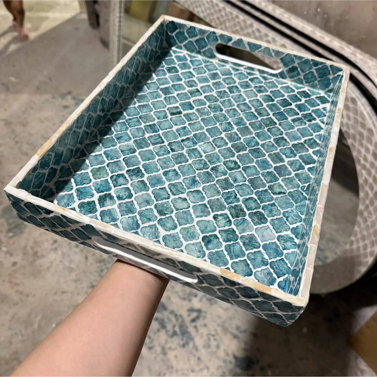 Blue Mother of Pearl Rectangle Tray, Shell Inlay Serving Tray, Coastal Decor