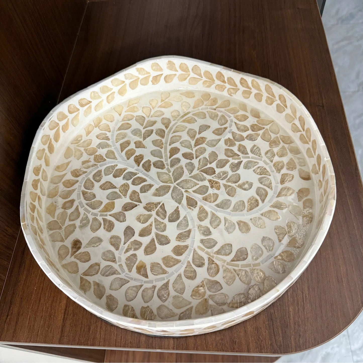 Mother of Pearl Round Tray, Shell Inlay Decorative Serving Tray