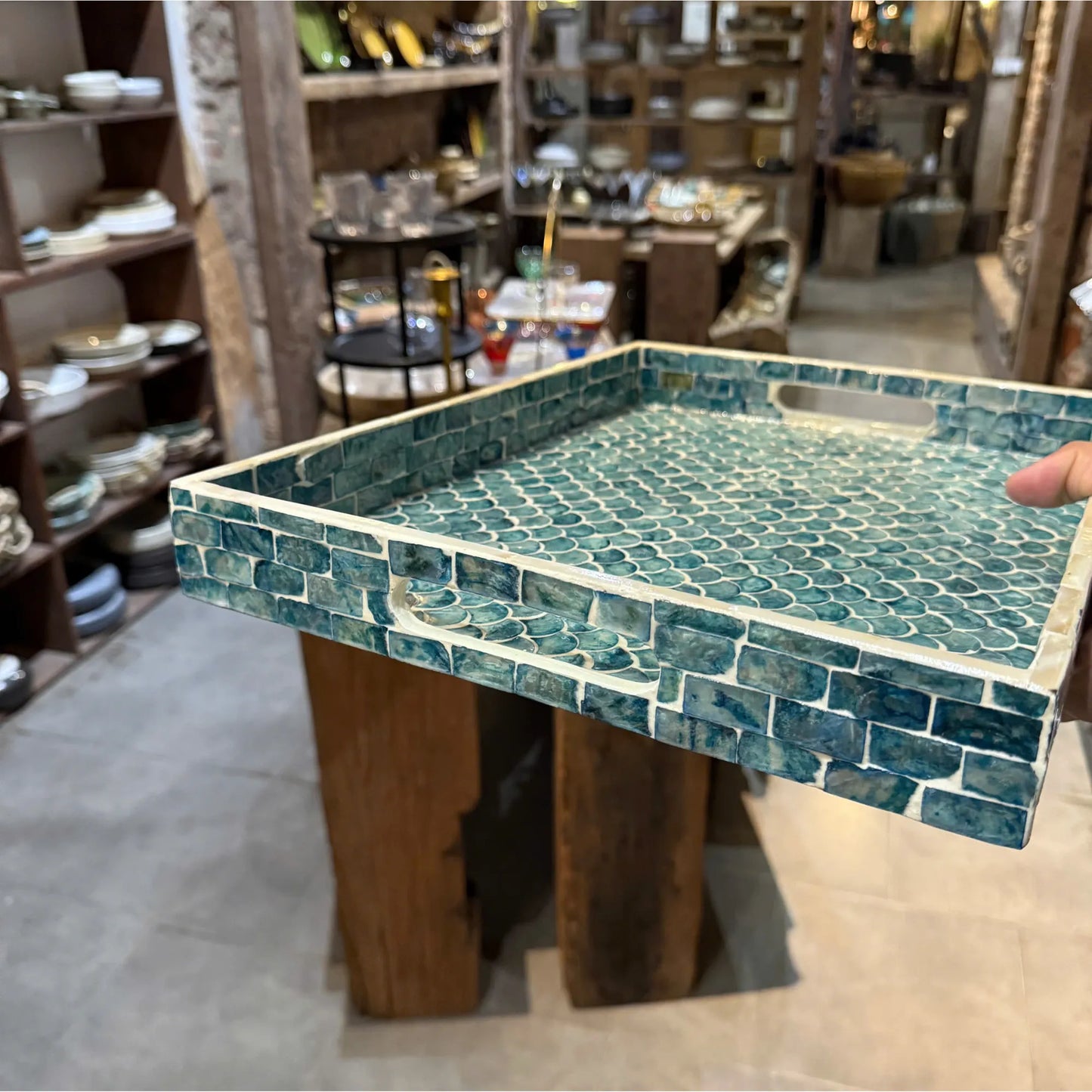 Blue Mother of Pearl Fish Scale Tray, Coastal Rectangle Serving Tray