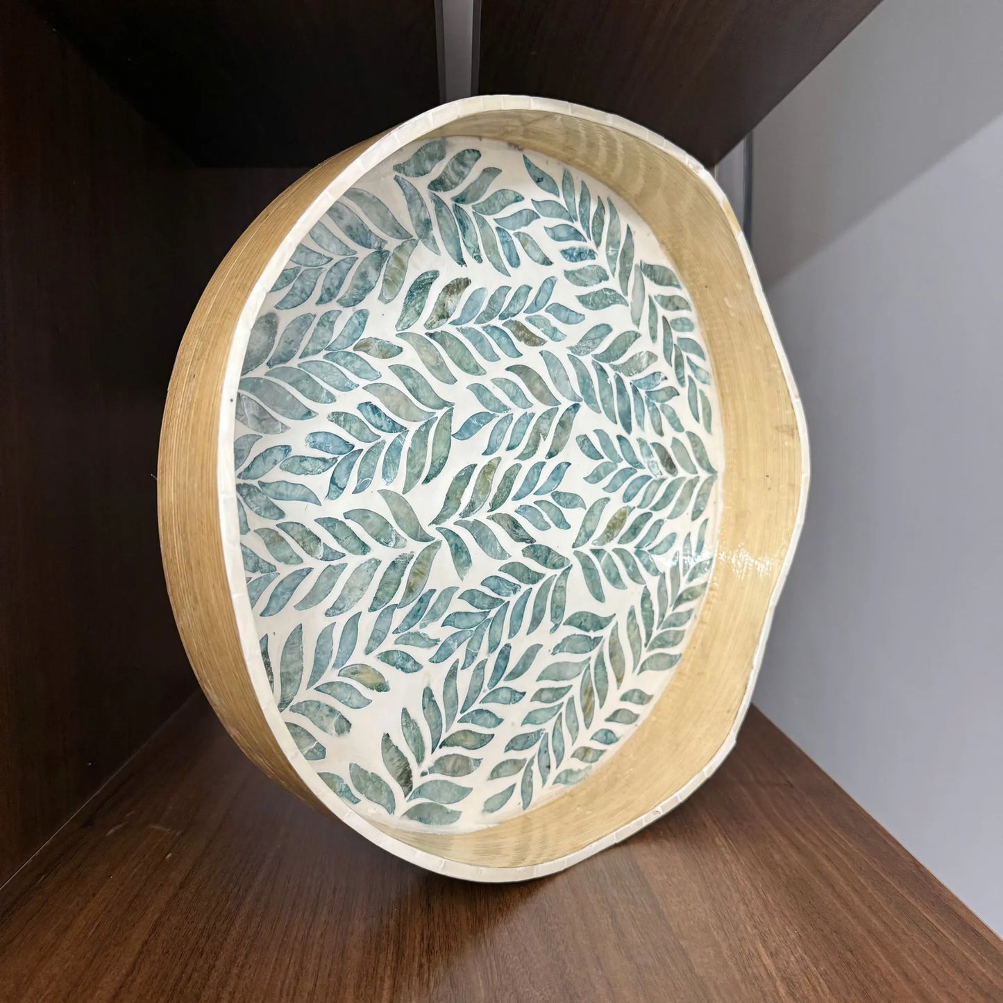 Mother of Pearl Round Tray, Blue Leaf Shell Inlay, Coastal Decor Tray