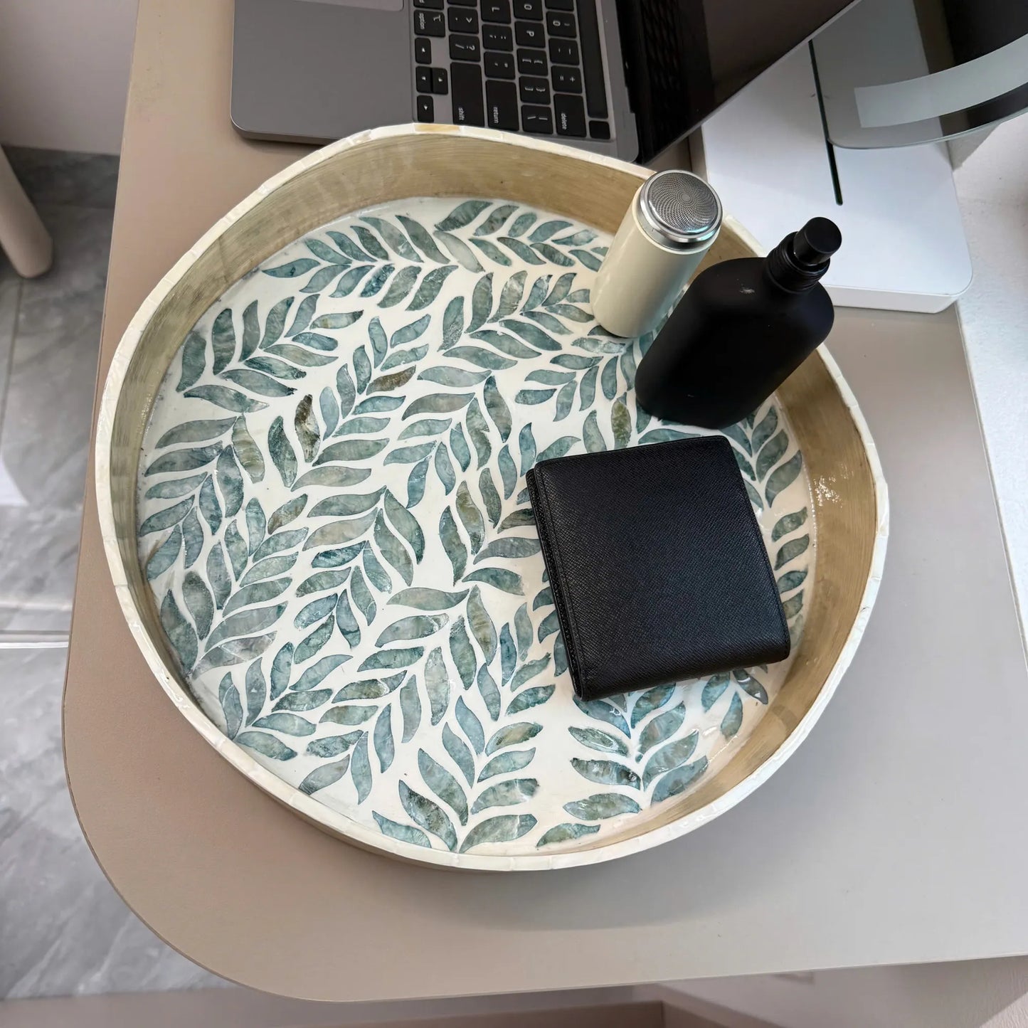 Mother of Pearl Round Tray, Blue Leaf Shell Inlay, Coastal Decor Tray