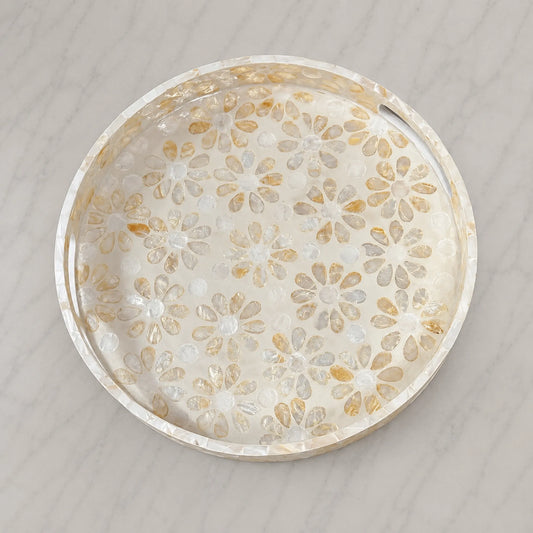 Mother of Pearl Round Tray – Handmade Floral Shell Decorative Tray