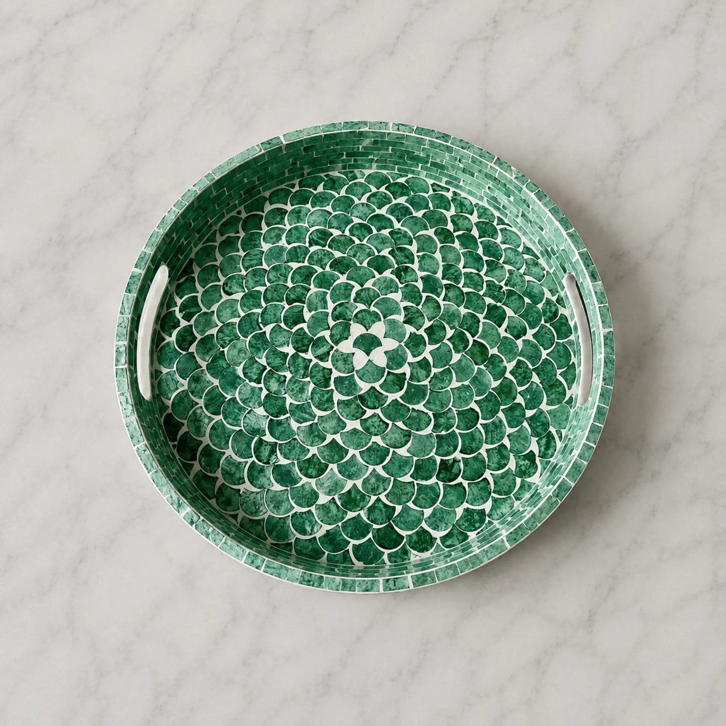 Green Fish Scale Mother of Pearl Round Tray – Handmade Decorative Serving Tray