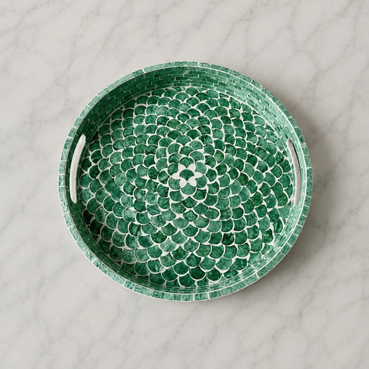 Green Fish Scale Mother of Pearl Round Tray – Handmade Decorative Serving Tray