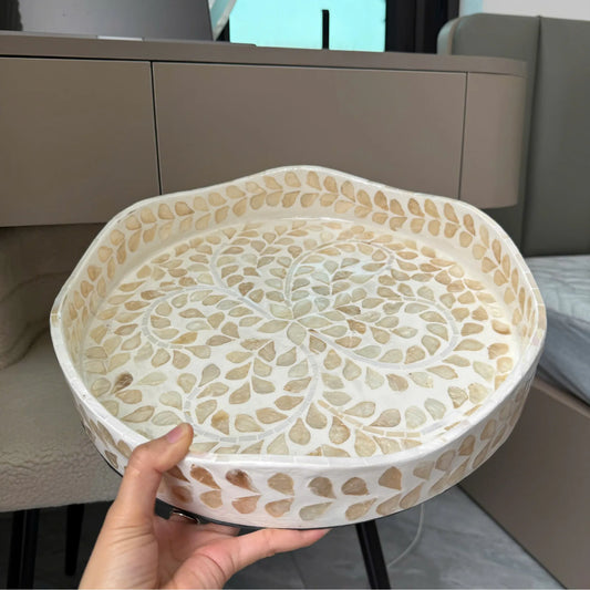 Mother of Pearl Round Tray, Shell Inlay Decorative Serving Tray