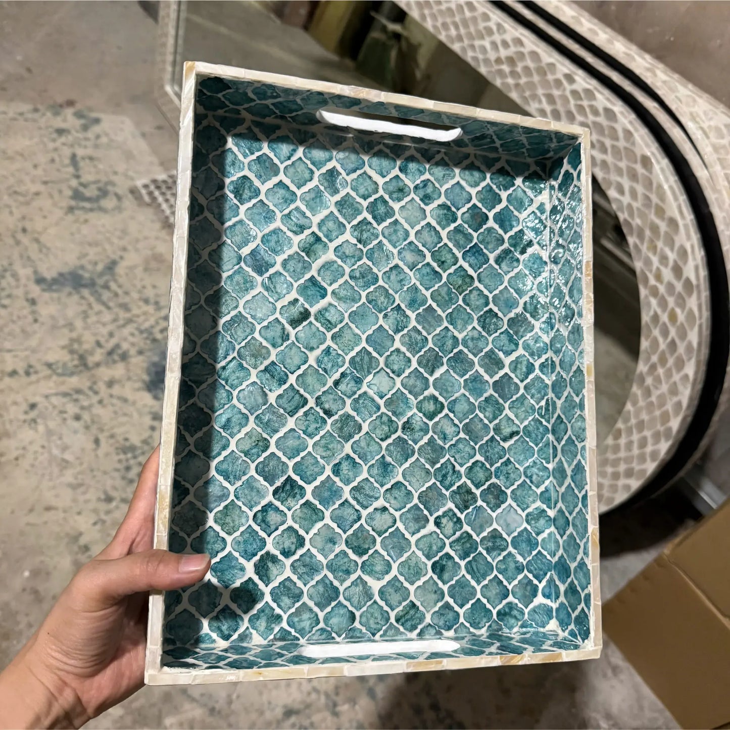 Blue Mother of Pearl Rectangle Tray, Shell Inlay Serving Tray, Coastal Decor