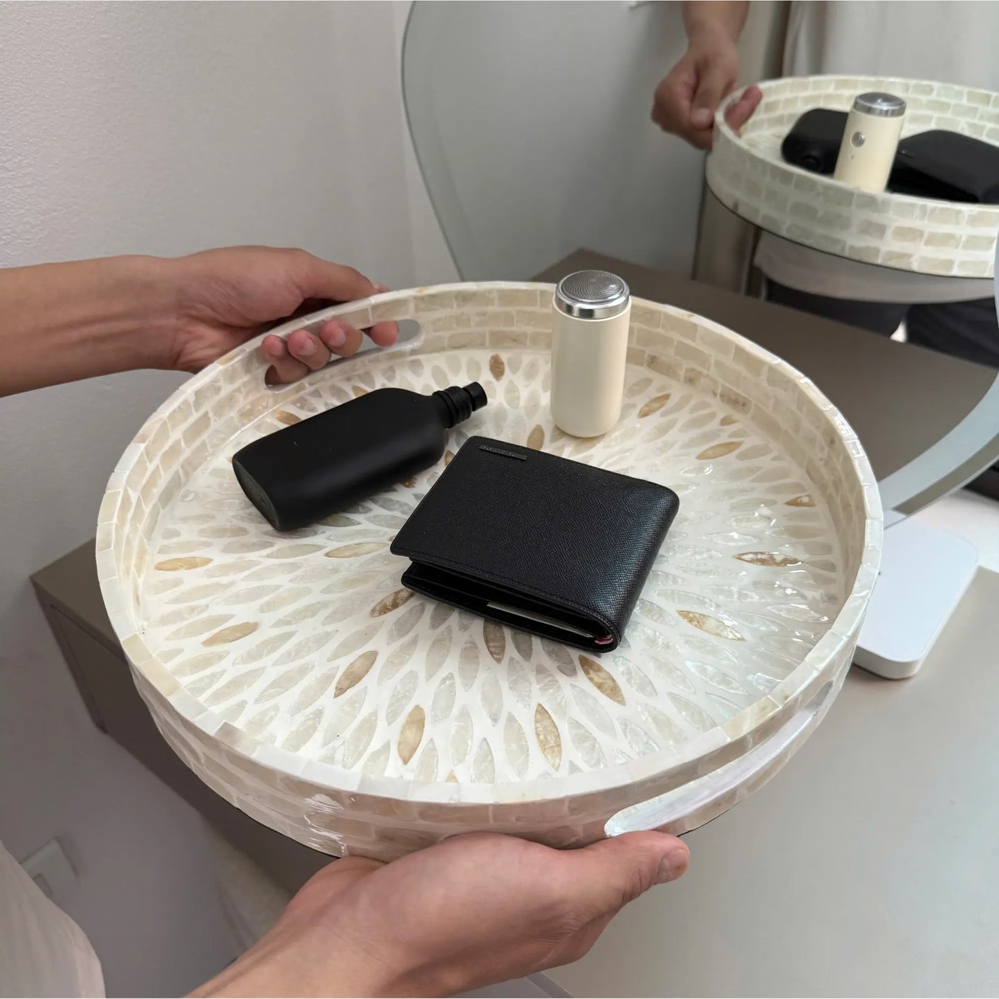 Mother of Pearl Round Tray, Decorative Coffee Table Serving Tray