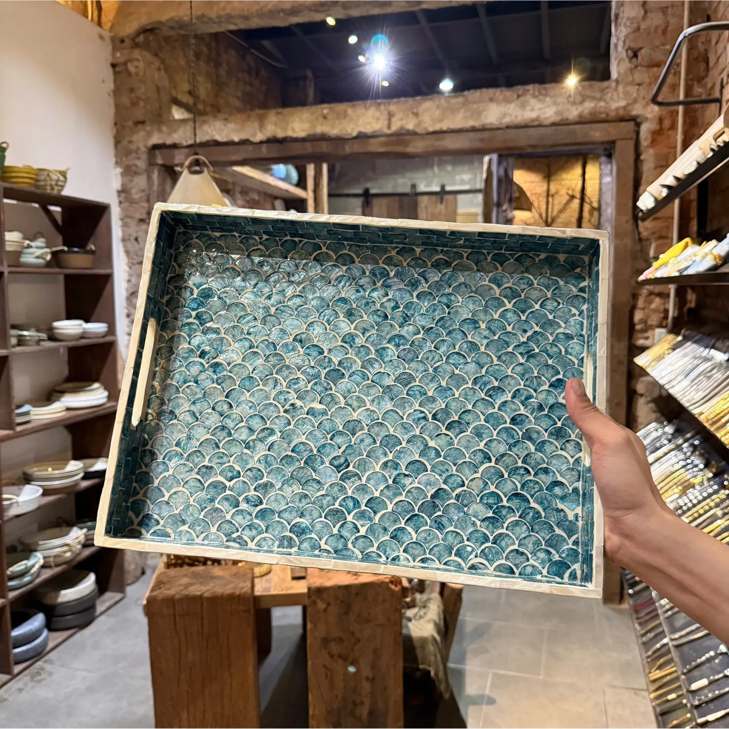 Blue Mother of Pearl Fish Scale Tray, Coastal Rectangle Serving Tray