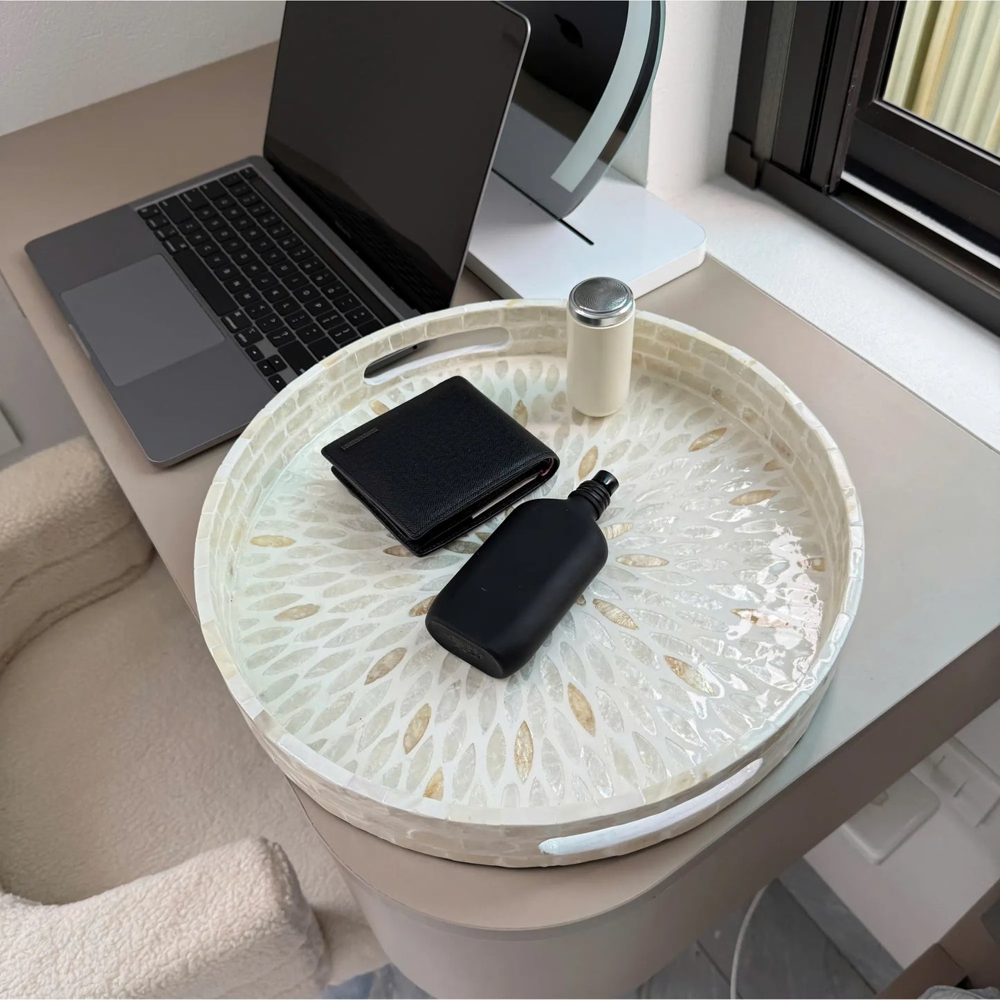 Mother of Pearl Round Tray, Decorative Coffee Table Serving Tray