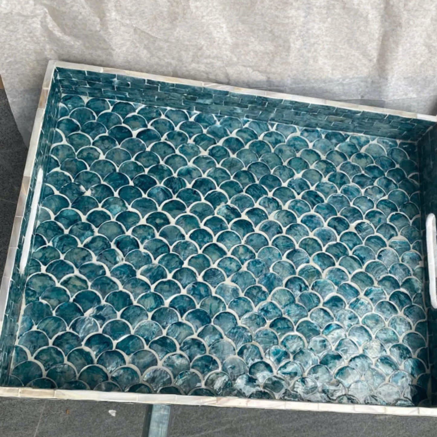 Blue Mother of Pearl Fish Scale Tray, Coastal Rectangle Serving Tray