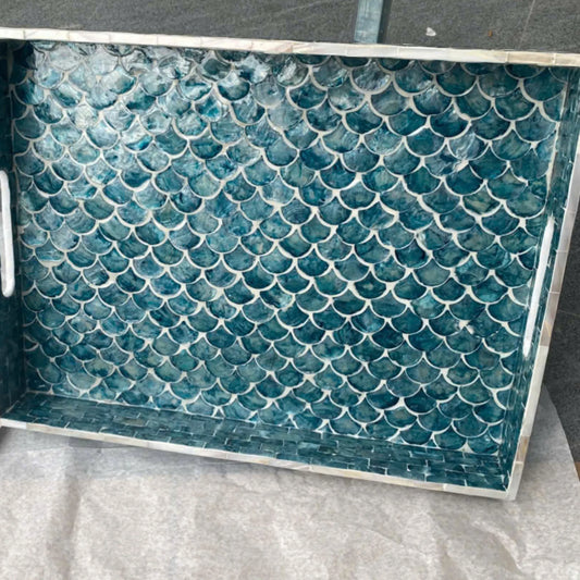 Blue Mother of Pearl Fish Scale Tray, Coastal Rectangle Serving Tray