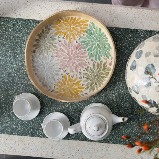 Handmade Mother of Pearl Round Tray – Floral Shell Inlay Decor