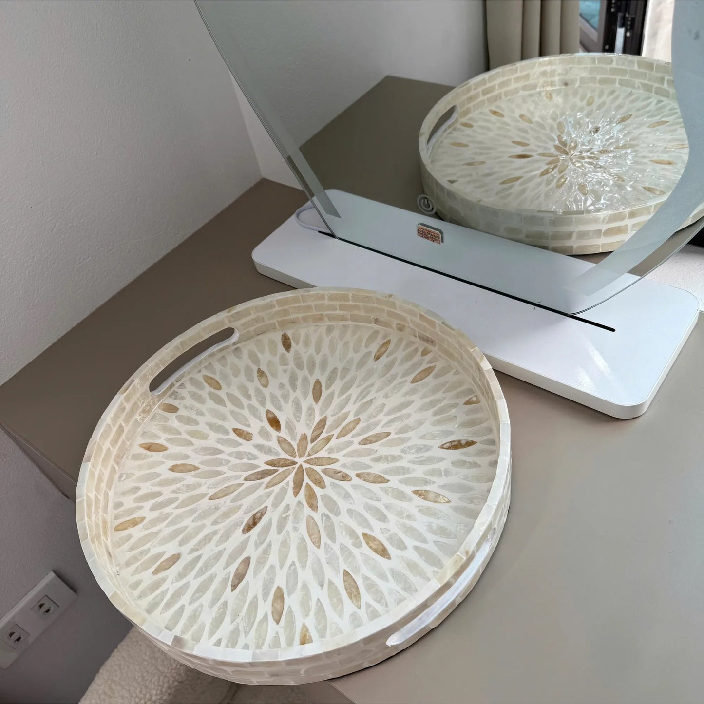 Mother of Pearl Round Tray, Decorative Coffee Table Serving Tray