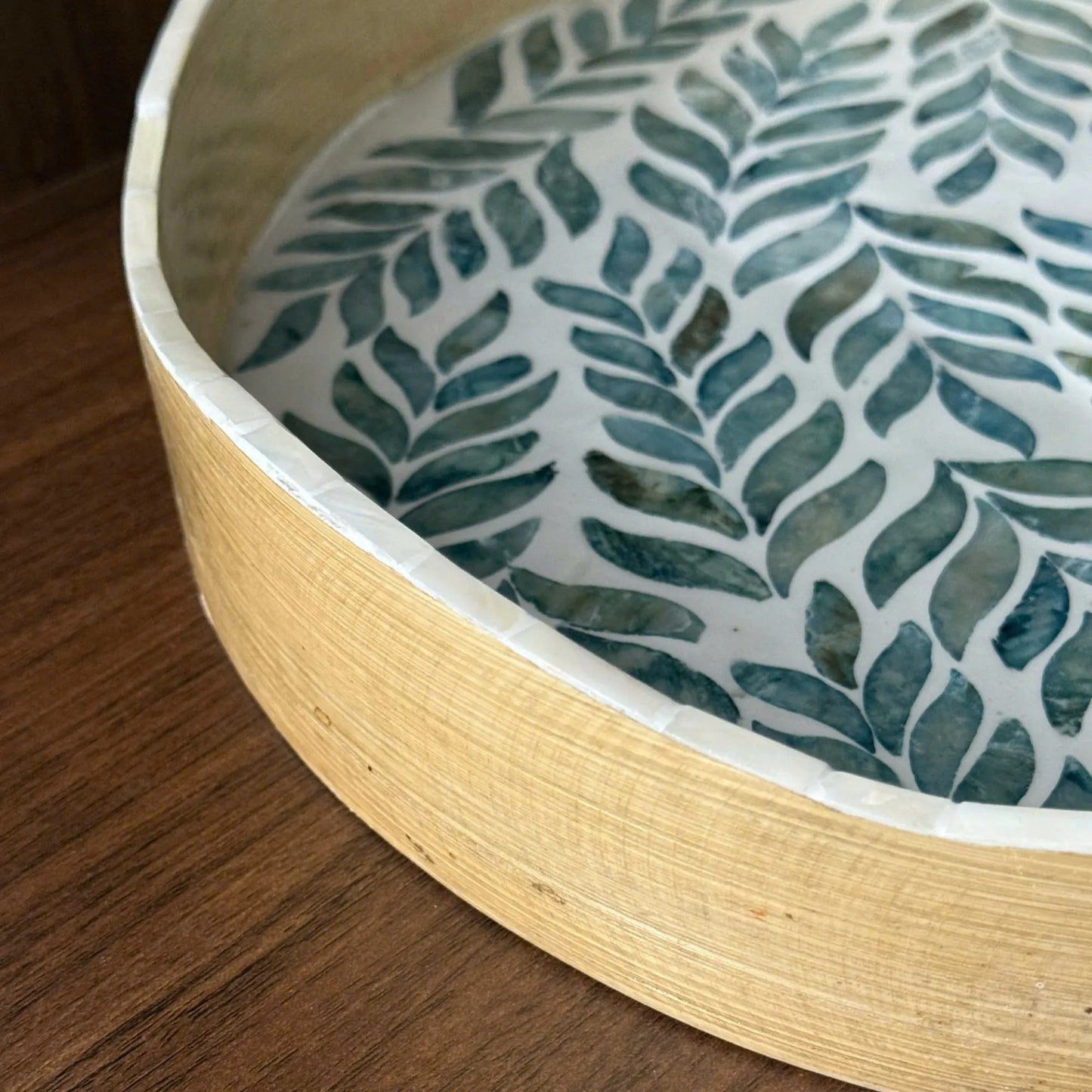 Mother of Pearl Round Tray, Blue Leaf Shell Inlay, Coastal Decor Tray