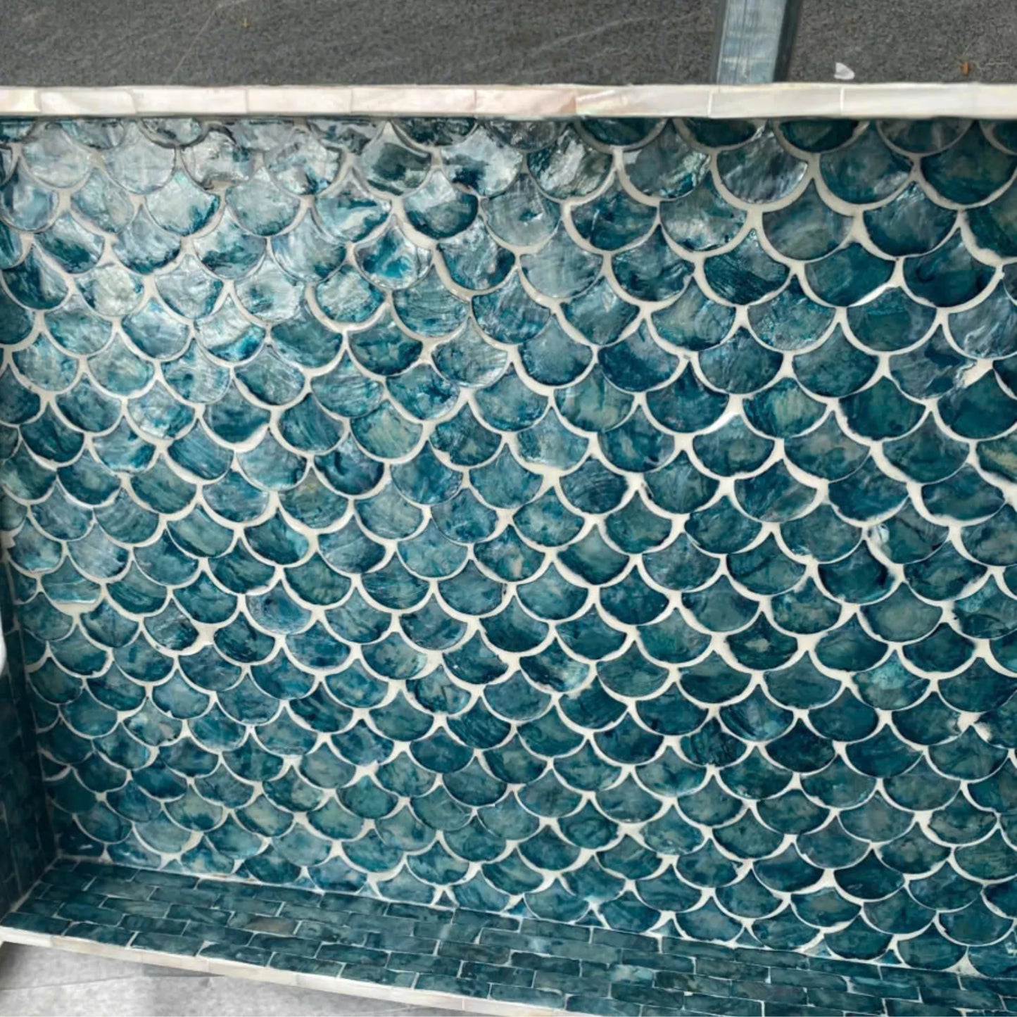 Blue Mother of Pearl Fish Scale Tray, Coastal Rectangle Serving Tray
