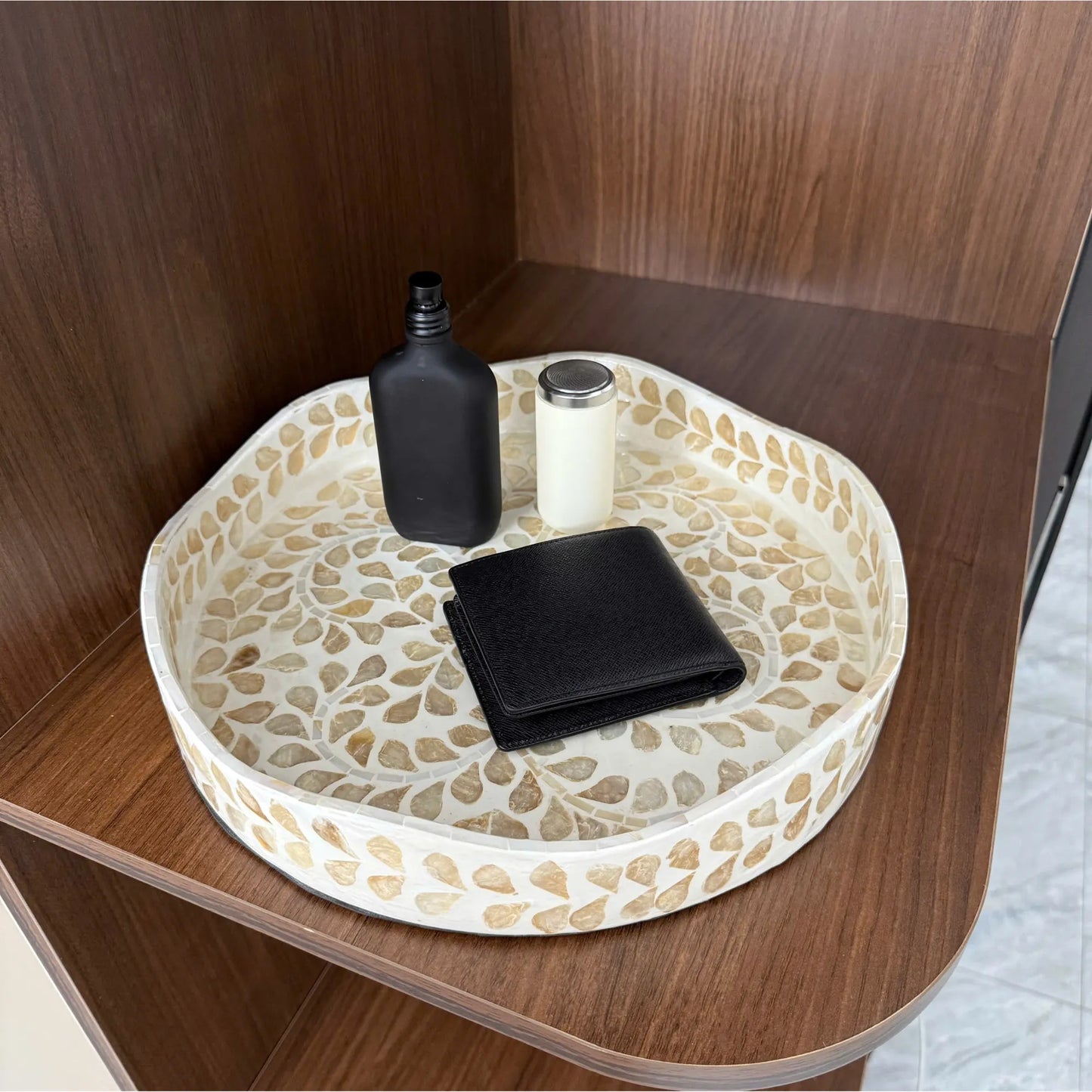 Mother of Pearl Round Tray, Shell Inlay Decorative Serving Tray