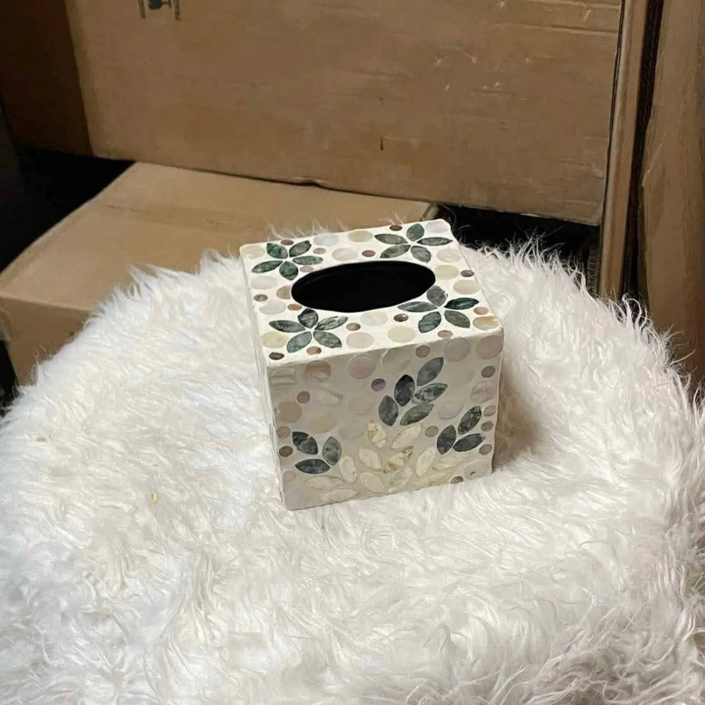 Floral Shell Mosaic Tissue Box Cover – Handmade Decorative Square Holder