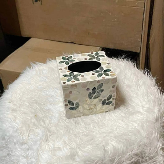 Floral Shell Mosaic Tissue Box Cover – Handmade Decorative Square Holder