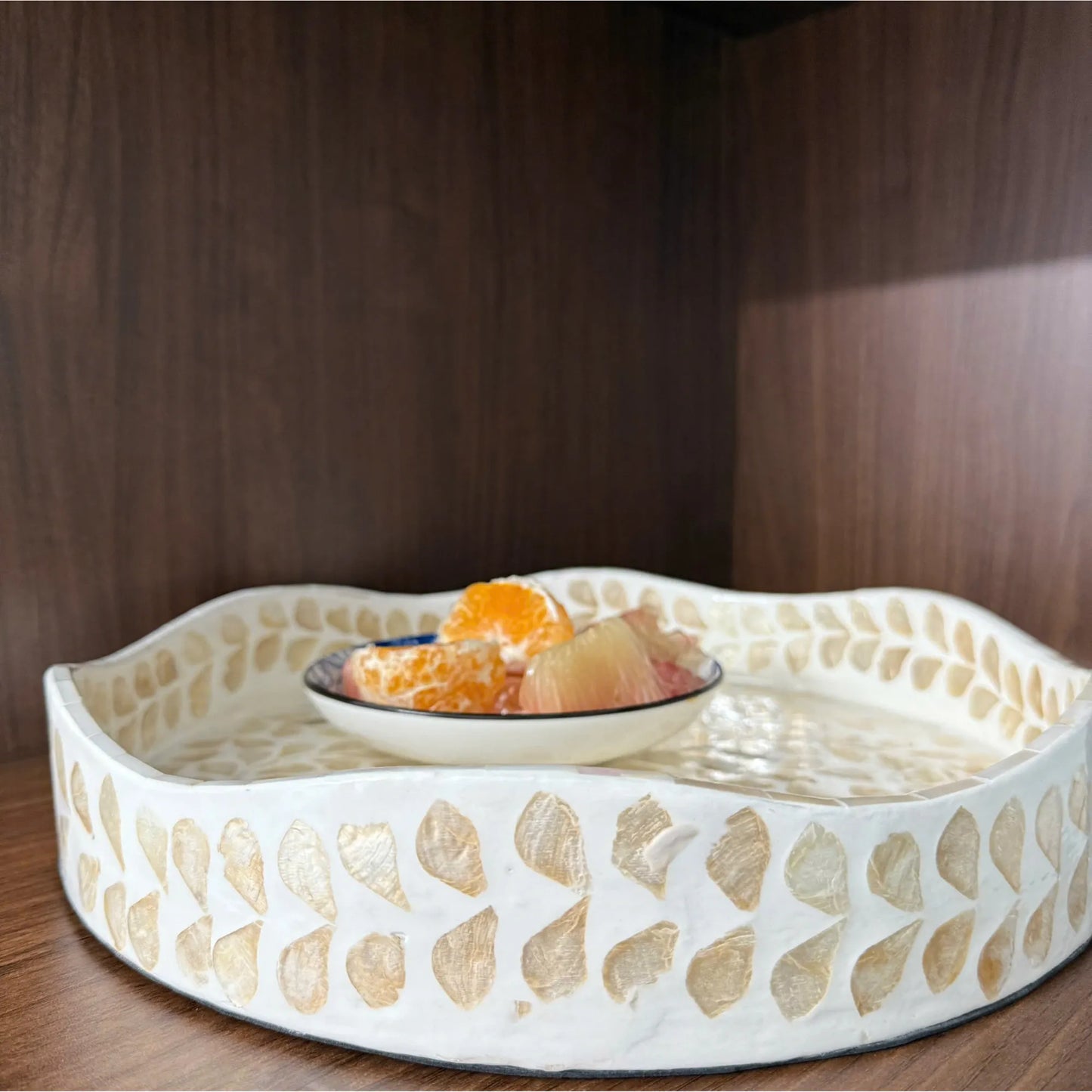 Mother of Pearl Round Tray, Shell Inlay Decorative Serving Tray