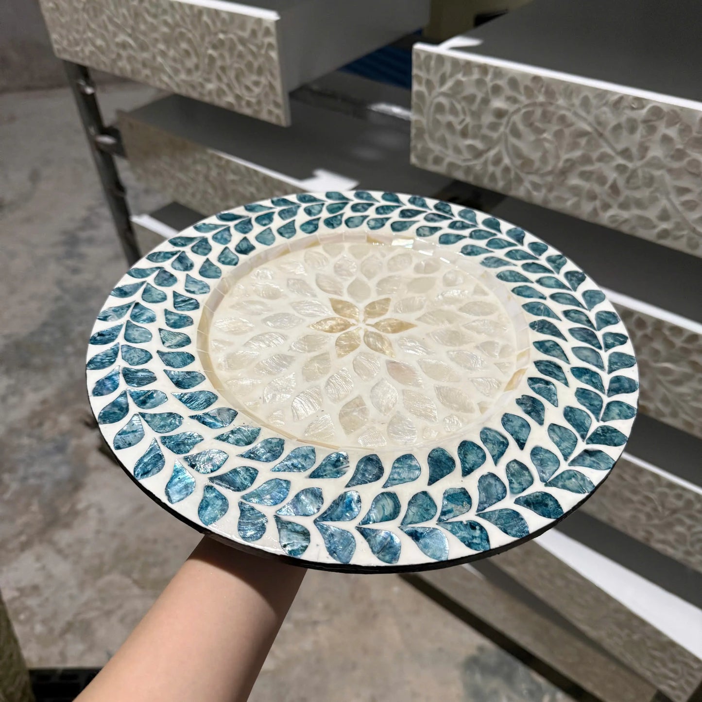 Blue Leaf Mother of Pearl Decorative Plate | Handmade Shell Inlay Wall & Table Décor