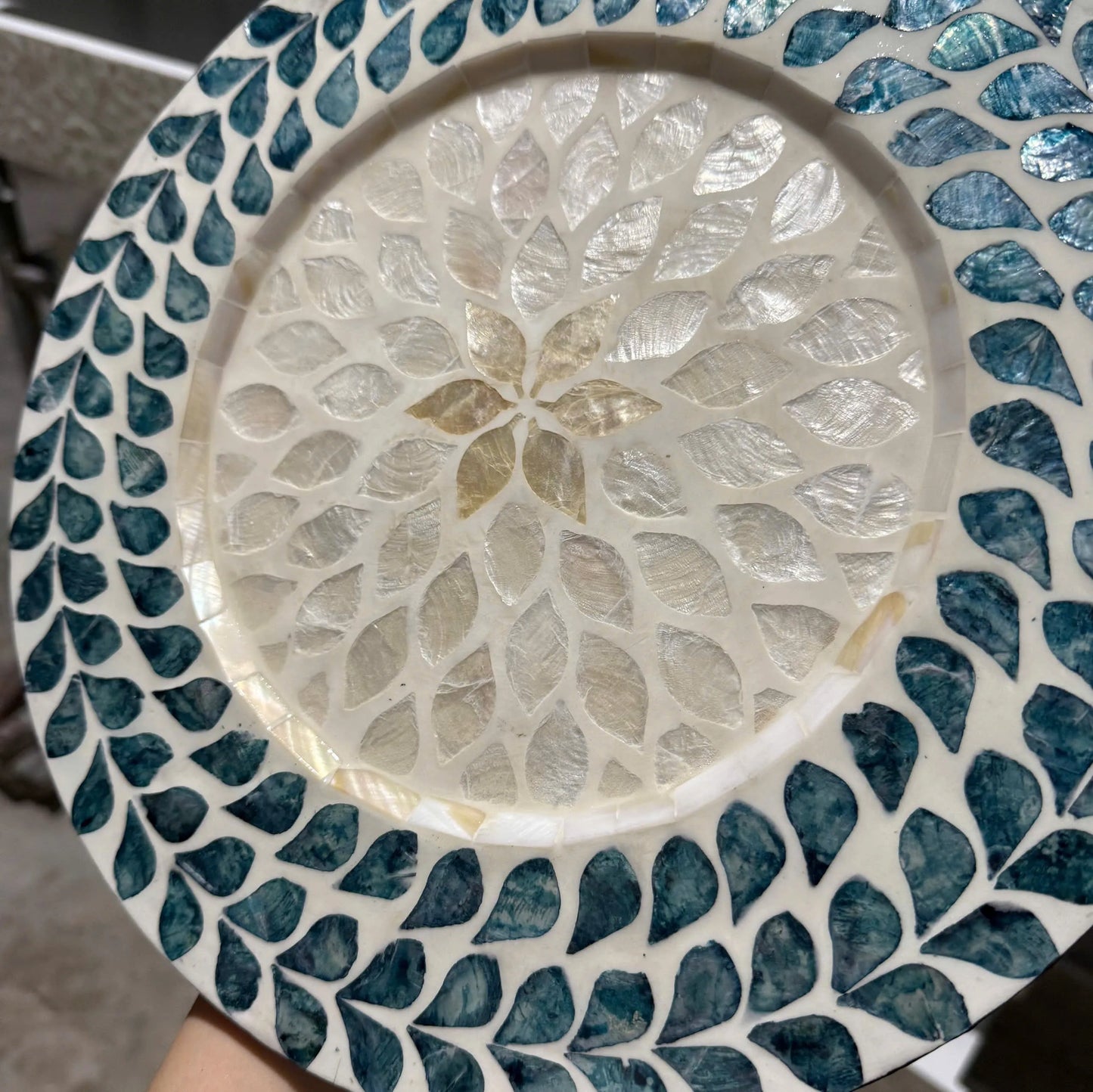 Blue Leaf Mother of Pearl Decorative Plate | Handmade Shell Inlay Wall & Table Décor