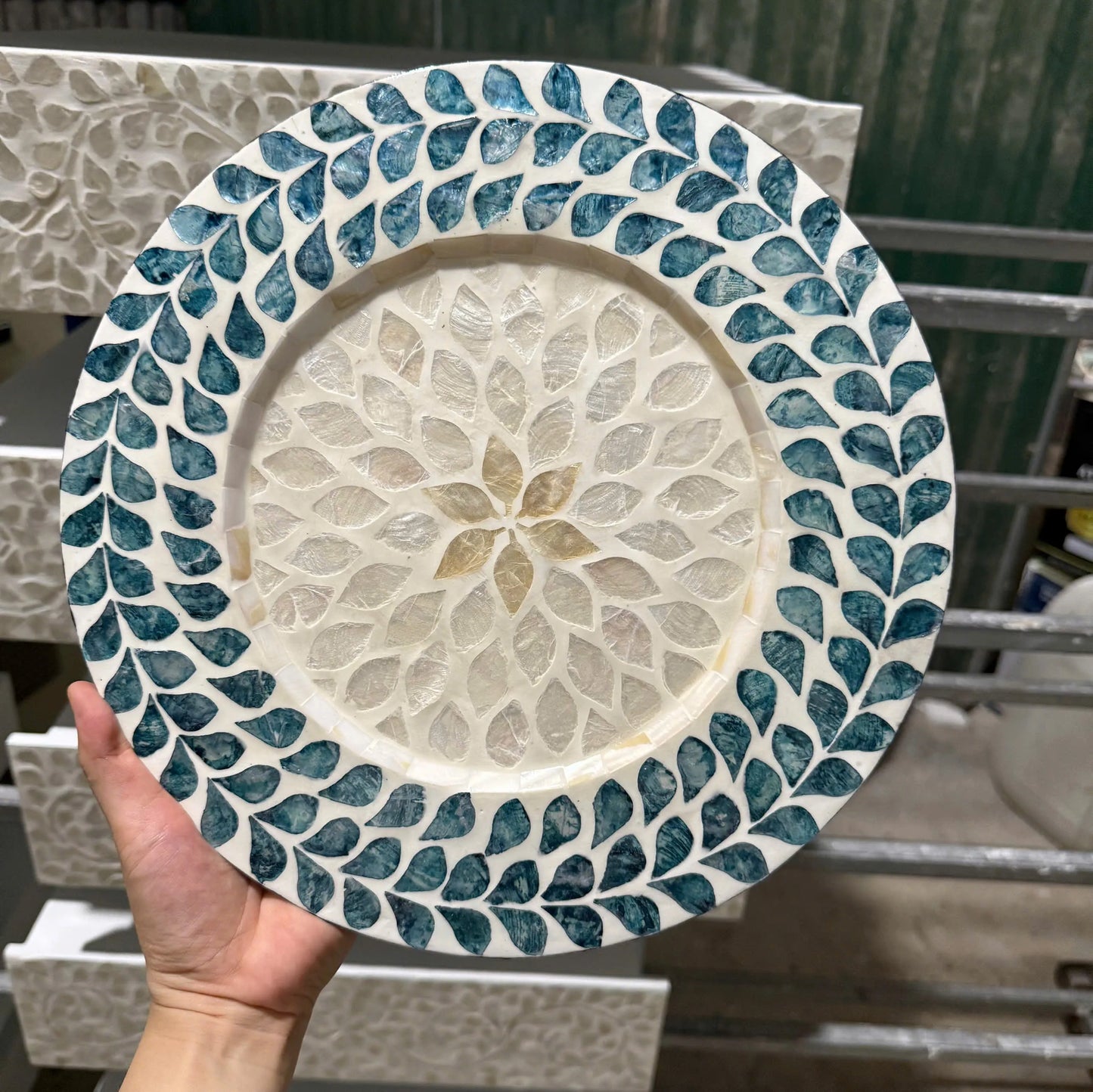 Blue Leaf Mother of Pearl Decorative Plate | Handmade Shell Inlay Wall & Table Décor
