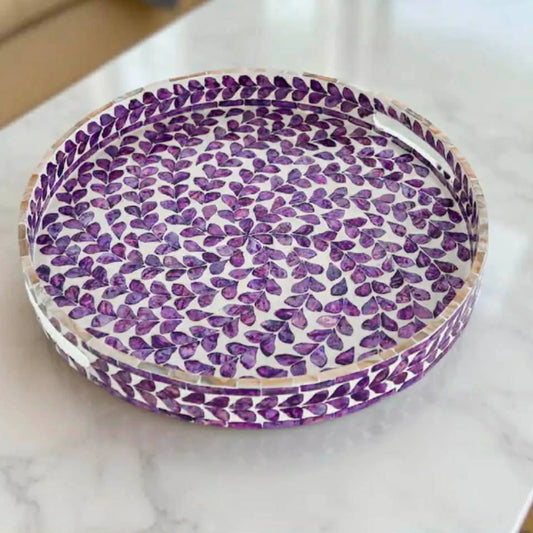Purple Mother of Pearl Round Tray – Handmade Decorative Serving Tray
