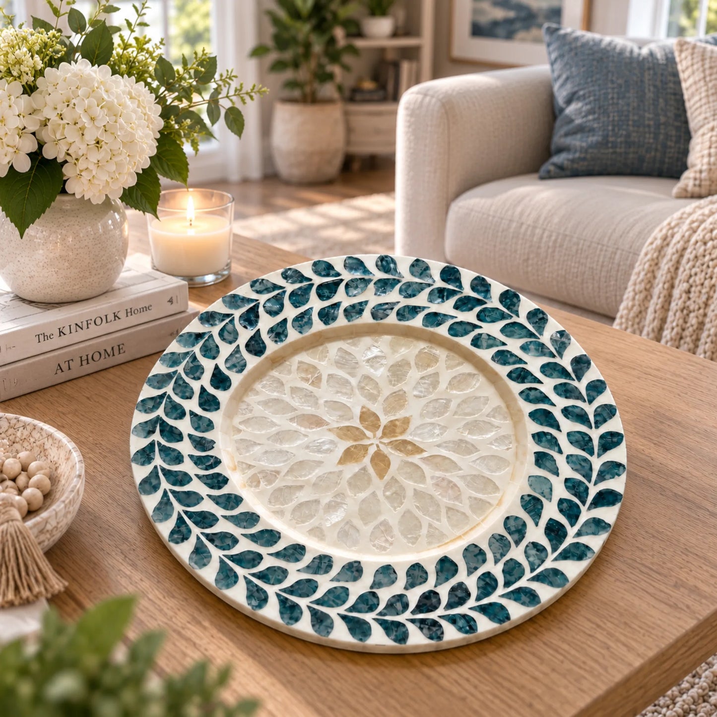 Mother of Pearl Decorative Plate – Blue Leaf Shell Inlay Decor