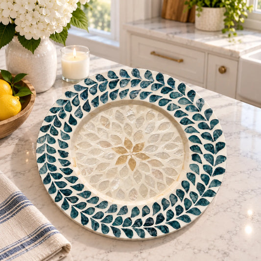 Mother of Pearl Decorative Plate – Blue Leaf Shell Inlay Decor