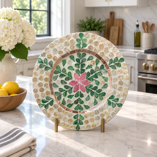 Mother of Pearl Decorative Plate – Green Floral Shell Inlay Decor