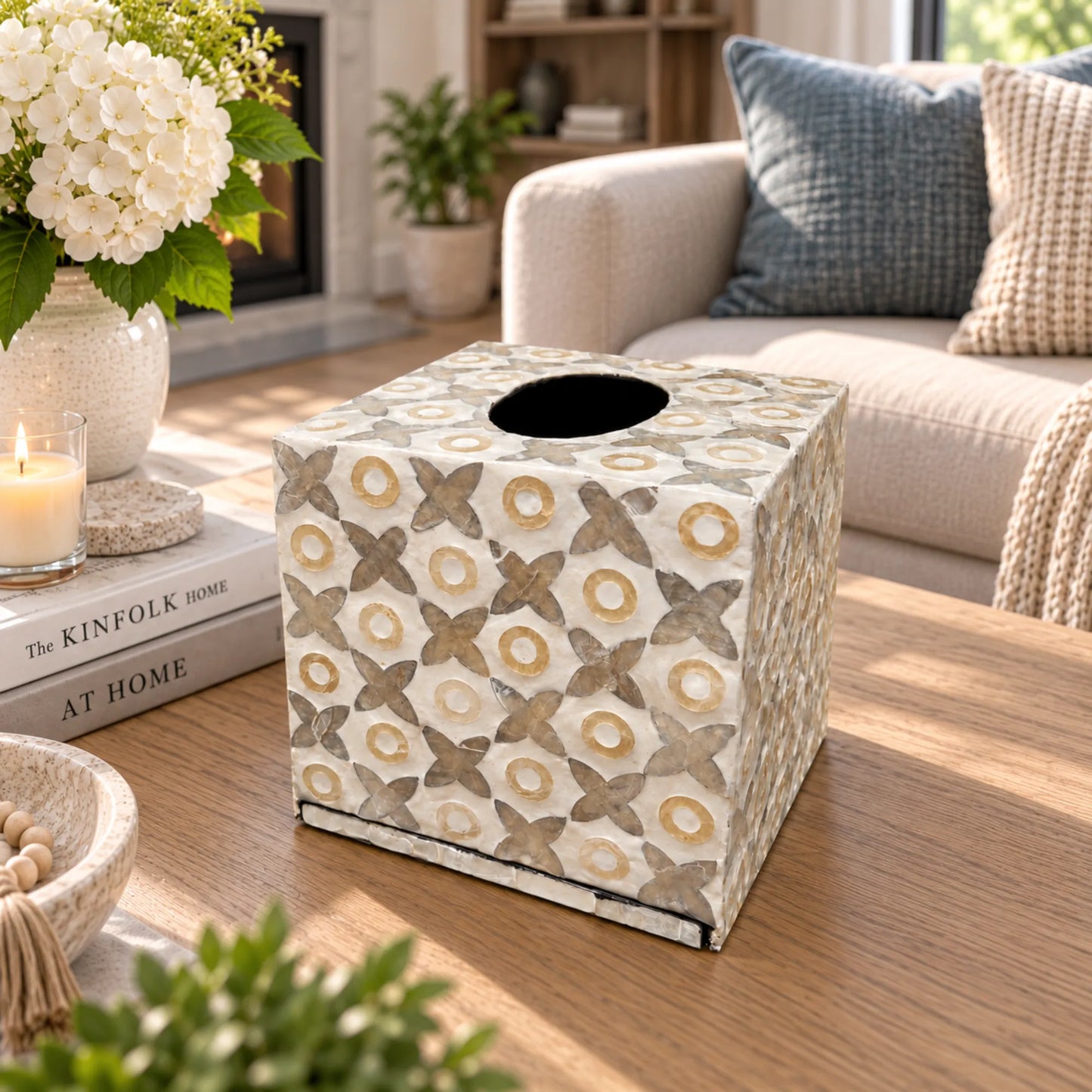 Floral Mother of Pearl Tissue Box Cover – Handmade Shell Inlay Tissue Holder