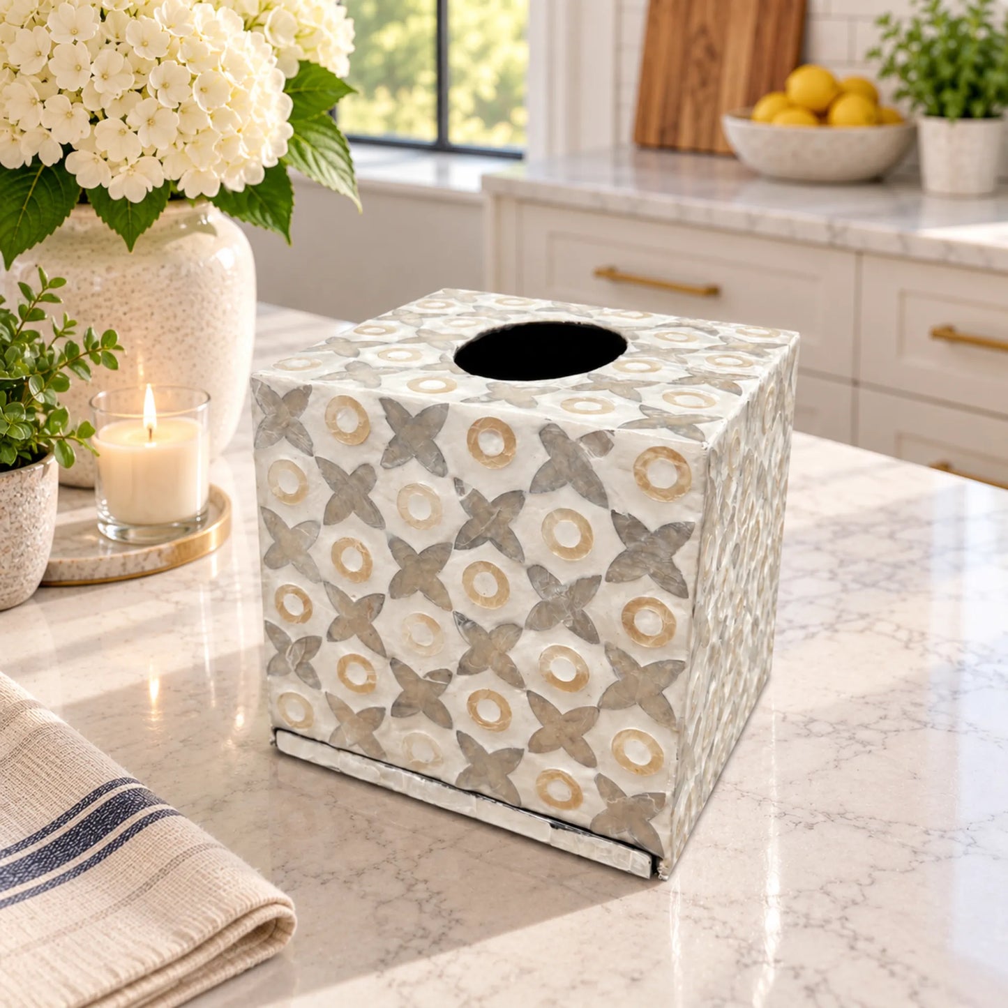 Floral Mother of Pearl Tissue Box Cover – Handmade Shell Inlay Tissue Holder