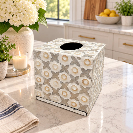 Floral Mother of Pearl Tissue Box Cover – Handmade Shell Inlay Tissue Holder