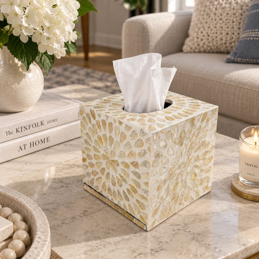 Mother of Pearl Mosaic Tissue Box Cover – Handmade Shell Inlay Square Holder
