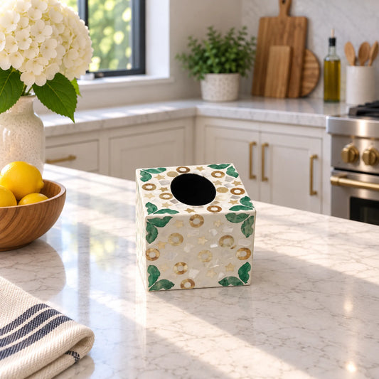 Coastal Mother of Pearl Tissue Box Cover – Handmade Shell Inlay Square Holder
